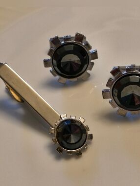 Silver Tie Clip and Cufflink Set with Black Faceted Stones